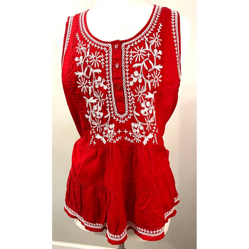 Style & Co. Red Women's Sleeveless Top with White Embroidery , Size PM